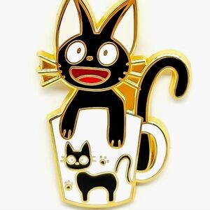 Black & Gold Cat Enamel Pin - Cute Cat in Mug